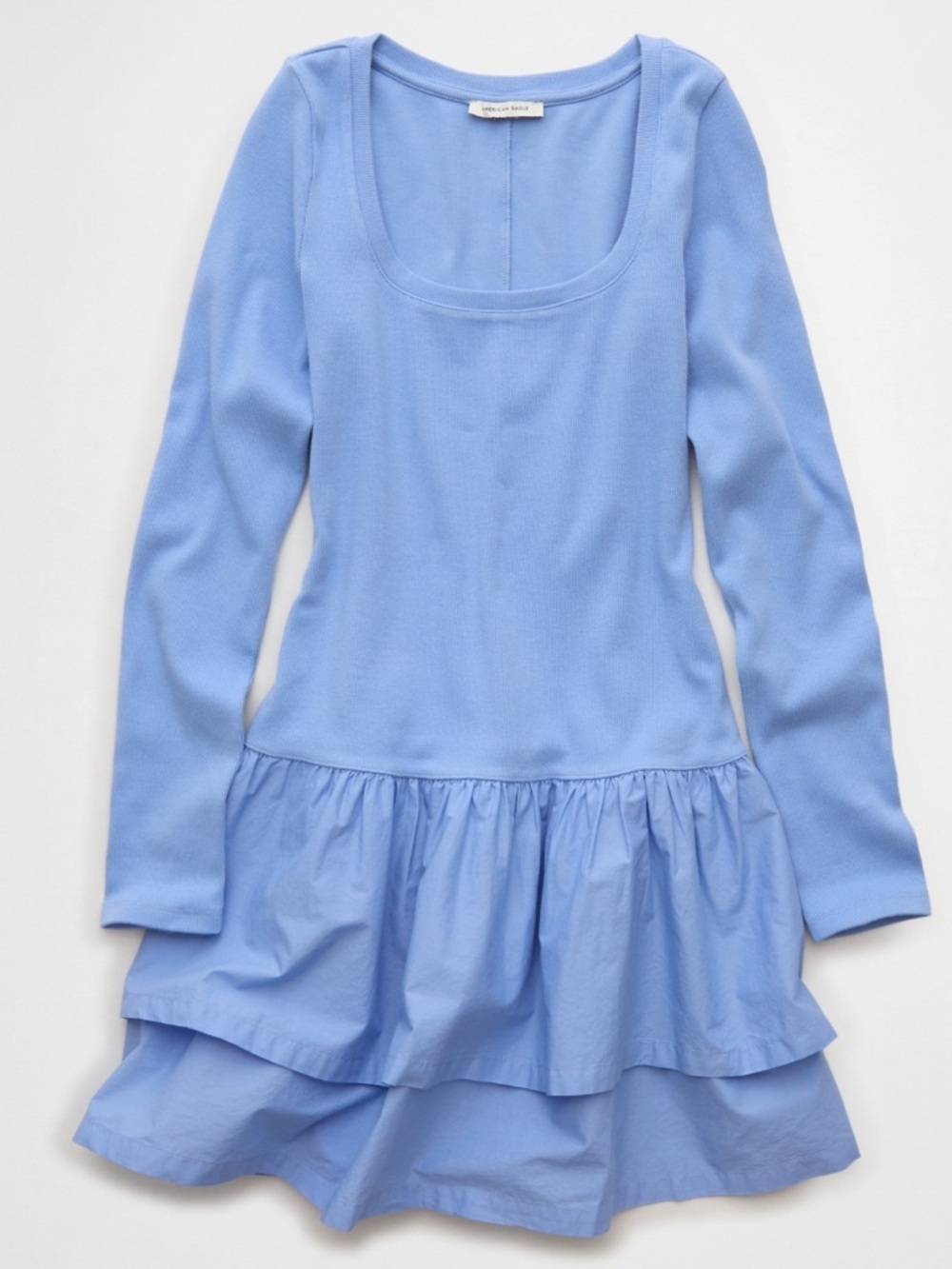 AE Long-Sleeve Scoop Neck Cotton Ruffle Mini Dress In blue Size L NWT
Wnz